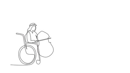 Wall Mural - Self drawing animation of single line draw man sitting in wheelchair plays cello. Disability and classical music. Physically disabled. Person in hospital. Continuous line draw. Full length animated
