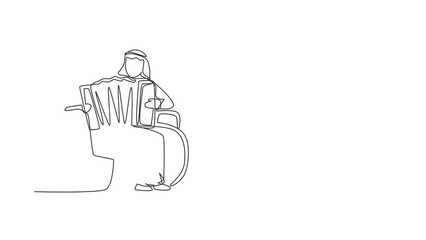 Poster - Animated self drawing of continuous line draw disabled man in wheelchair playing accordion music. Physically disabled. Person in hospital. Rehabilitation center patient. Full length one line animation