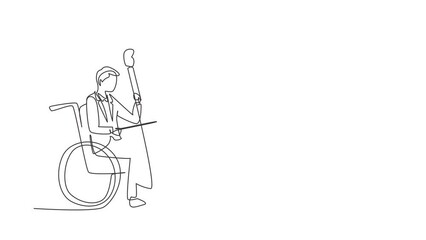Poster - Animated self drawing of continuous line draw man sitting in wheelchair plays cello in concert. Disability classical music. Physically disabled. Person in hospital. Full length single line animation