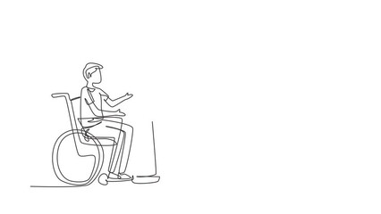 Poster - Self drawing animation of single line draw man sitting in wheelchair plays harp. Disability and classical music. Physically disabled. Person in hospital. Continuous line draw. Full length animated