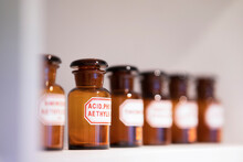Medicine Bottles With Label On Rack