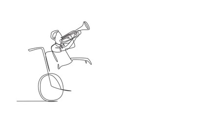Poster - Animated self drawing of continuous line draw male in wheelchair playing trumpet during music lesson. Physically disabled. Person in hospital. Rehabilitation patient. Full length single line animation