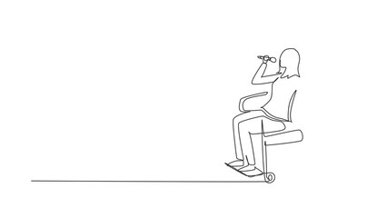 Poster - Animated self drawing of continuous line draw disabled person enjoying life. Woman sitting in wheelchair singing at karaoke bar. Spend time in recreational place. Full length single line animation