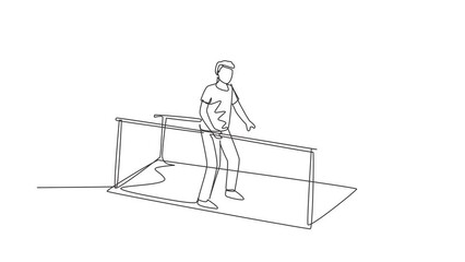 Wall Mural - Animated self drawing of continuous line draw isometric doctor physiotherapist helping male using leg prosthesis to take first step. Physical therapy of people . Full length single line animation