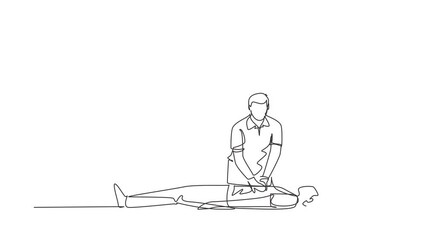 Poster - Animated self drawing of continuous line draw emergency doctors doing cardiopulmonary resuscitation of a man. Paramedic giving indirect heart first aid to patient. Full length one line animation