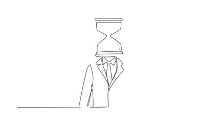 Poster - Animated self drawing of continuous line draw businessman with hourglass instead of head, symbolizing pressure, deadline, schedule, time management. Sandglass clock. Full length single line animation