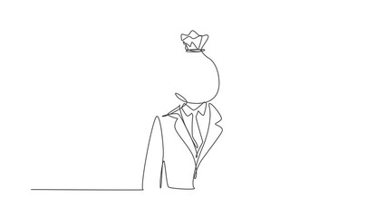 Poster - Animated self drawing of single continuous line draw businessman with money bag instead of head, symbolizing avarice, broker, money, success. Money bag with dollar sign. Full length one line animation