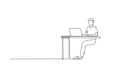 Poster - animated self drawing of continuous line draw young man uses wheelchair and working with computer in