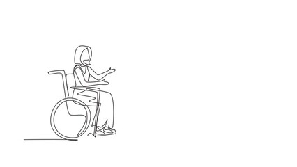 Poster - Self drawing animation of single line draw elegant woman sitting in wheelchair plays harp. Disability classical music. Physically disabled. Rehabilitation. Continuous line draw. Full length animated