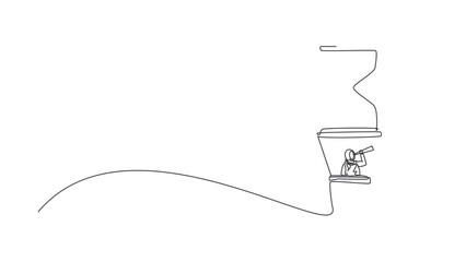 Poster - Animated self drawing of continuous line draw businesswoman in hot air balloon hourglass with telescope. Business time management. Success, champion, sandglass. Full length single line animation