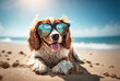 Cute dog at the beach wearing sunglass, happy dog, cute puppy, ocean, sea, summer vibe, Generative AI and manual enhanced color