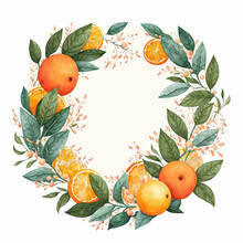Watercolor Decoration Wreath With Oranges And Leaves, Generative AI