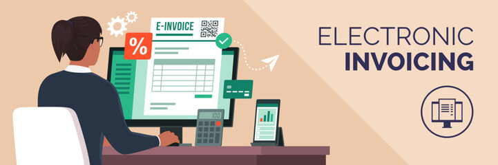 Poster - Office worker sending an e-invoice online