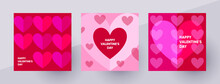 Happy Valentines Day Post Templates For Social Media. Colorful Vivid Vector Illustration With Hearts Symbols.