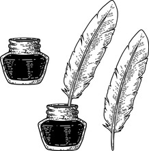 Illustration Of Feather Pen And Inkwell In Engraving Style. Design Element For Card, Banner, Menu. Vector Illustration