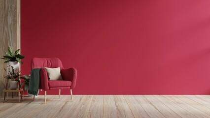 Viva Magenta wall background mockup with armchair furniture and decor.