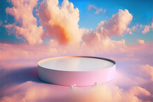 White Display Podium For Luxury Product Banners In Dreamy Pastel Color Clouds