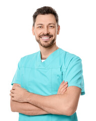 Wall Mural - Doctor or medical assistant (male nurse) in uniform on white background