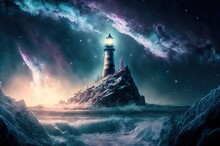 An Isolated Lighthouse On A Snow Covered Cliff At Night. Art. Landscape. Generative AI.