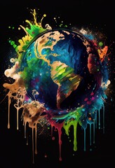 planet earth, watercolor illustration with drip, smudge and spatter, isolated on black background. g