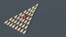 Red Wooden Man Stands In The Middle Of White Figures Of People Lying In The Shape Of A Wedge. The Concept Of Excellence, Business Success. Not Like Everyone Else. 3D Rendering. Copy Space
