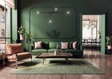 Fototapeta  - Nowoczesne i przestronne  mieszkanie w starej kamienicy. Elegancki i luksusowy salon z wygodną sofą i fotelem zaprojektowany w stylu klasycznym,  vintage i mid-century modern w ciemno zielonym kolorze
