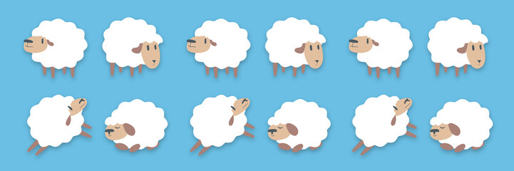 Poster - Set of cute cartoon sheep, Counting sheep to fall asleep on blue background. 