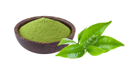 Wall Mural - powdered matcha green tea in bowl with leaf  isolated on transparent png