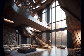 Storey house, living room interior, wooden. With big window
