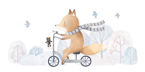 Cute fox on a bike in the winter forest. Watercolor hand drawn illustration. White isolated background. Winter.