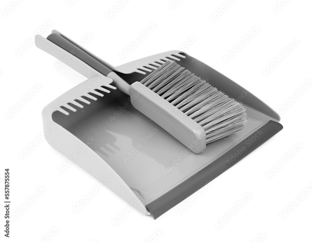 Dustpan and cleaning brush on white background
