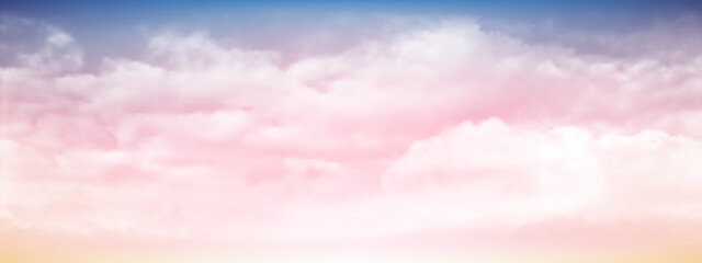 Wall Mural - Sweet sky and white soft clouds floated in the sky on a clear day. Beautiful air and sunlight with cloud scape colorful. Sunset sky for background. Blue to pink sky vector illustration.