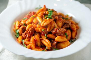 Piatto di tipici cavatelli conditi con sugo di salsiccia di maiale, cibo italiano