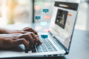 Business woman using laptop computer with social network service or SNS, Social media concept. Woman using laptop computer and staying at home for online marketing business. social media business.
