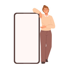 Aufkleber - Woman shows empty display on mobile smartphone, flat cartoon vector illustration. Vector girl with cellphone or mobile phone, female person hold screen showing advertisement, blank screen