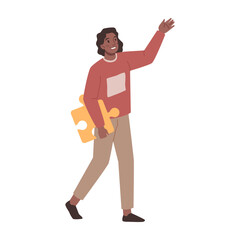 Aufkleber - Afro american cartoon woman with puzzle in hand, solving problems concept. Female show presentation, promotion, advertisement. Showing and introducing product with hand gesture. Presenter with folder