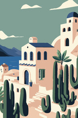 Santorini island travel Vector flat color Illustration Background