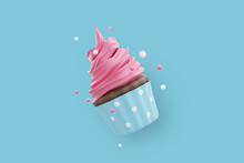 Pink Sweet Cupcake Desserts With Icing Cream, 3d Rendering