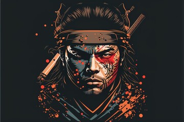Wall Mural - Close-up digital design of a samurai portrait with japanese elements. AI