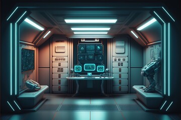 A laboratory in the interior of a spaceship and an empty podium for the presentation of a cyberpunk product. Technology and sci-fi concept. AI