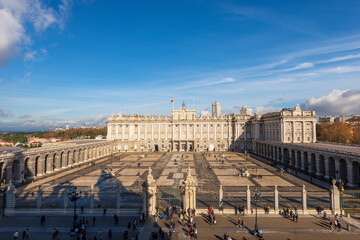 Wall Mural - Panoramic view of the Madrid Royal Palace in Baroque style, in the past used as the residence of the King of Spain, Plaza de la Armeria, Community of Madrid, Spain, southern Europe.