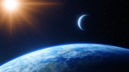 Wall Mural - view of the surface of a terrestrial globe in space with the moon and sun above the horizon line in 