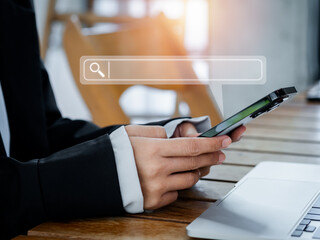 Aufkleber - Search engine bar with blank space for text on smart mobile phone using by businessperson. Data search technology optimization for information on website. Job searching on browsing internet concept.