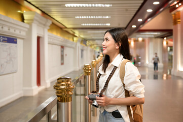 Beautiful tourist woman on vacation sightseeing and exploring Bangkok city, Thailand, Holidays and traveling concept