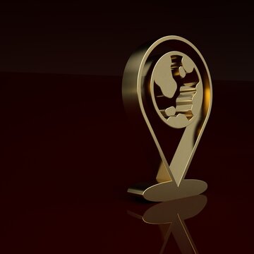 Gold Location on the globe icon isolated on brown background. World or Earth sign. Minimalism concept. 3D render illustration