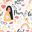 Seamless vector pattern with a set of elements - a young woman, glasses, hearts, high heels, lips, lipstick, crowns, rainbows, and inscriptions. Endless background of 
