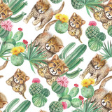 Fototapeta Pokój dzieciecy - Babies of cheetah sitting in cactuses and plants. Seamless pattern with watercolor hand drawn illustrations
