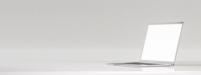 Poster - Mockup laptop. Slim modern laptop with white blank screen on grey background. side view. wide web banner. copy space. 3d rendering