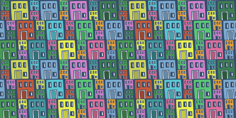 Aufkleber - Hand drawn seamless houses, children's drawing. Vecor print seamless, for interior, textiles, wallpaper and other surfaces.