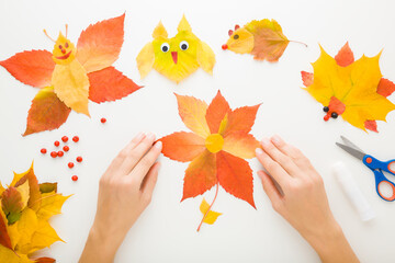 Young adult woman hands with created flower and different animal shapes from colorful leaves on white table background. Making autumn decorations. Point of view shot. Closeup. Top down view.